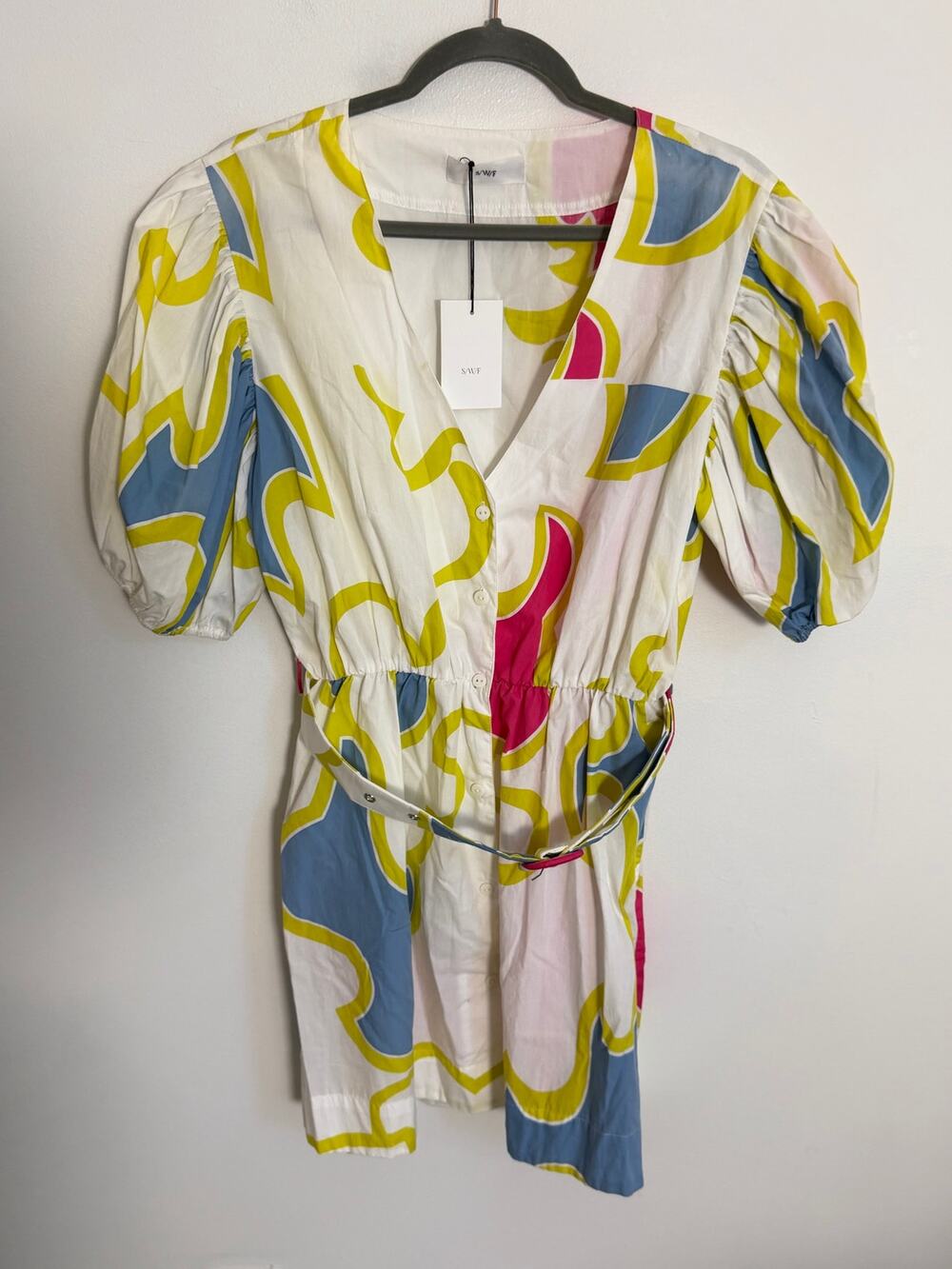 S/W/F abstract-print puff-sleeve mini dress NWT size large $349